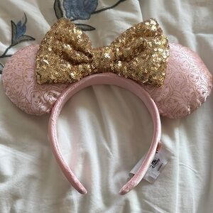 Disney Pink Minnie Ear Headband with Gold Sequin Bow and every princess’ face